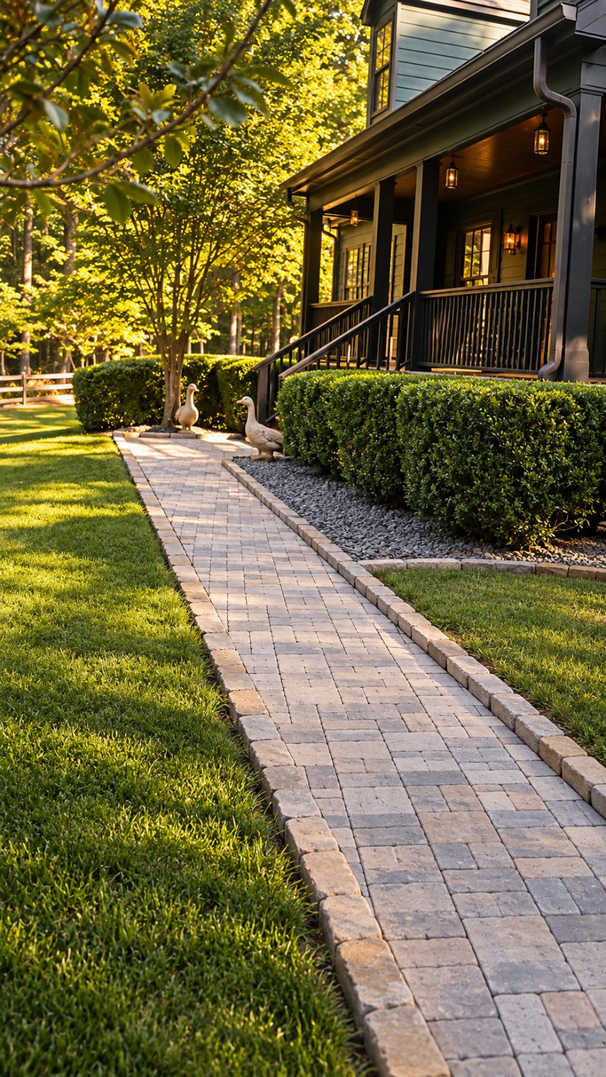 Paver walkway and manicured landscaping
